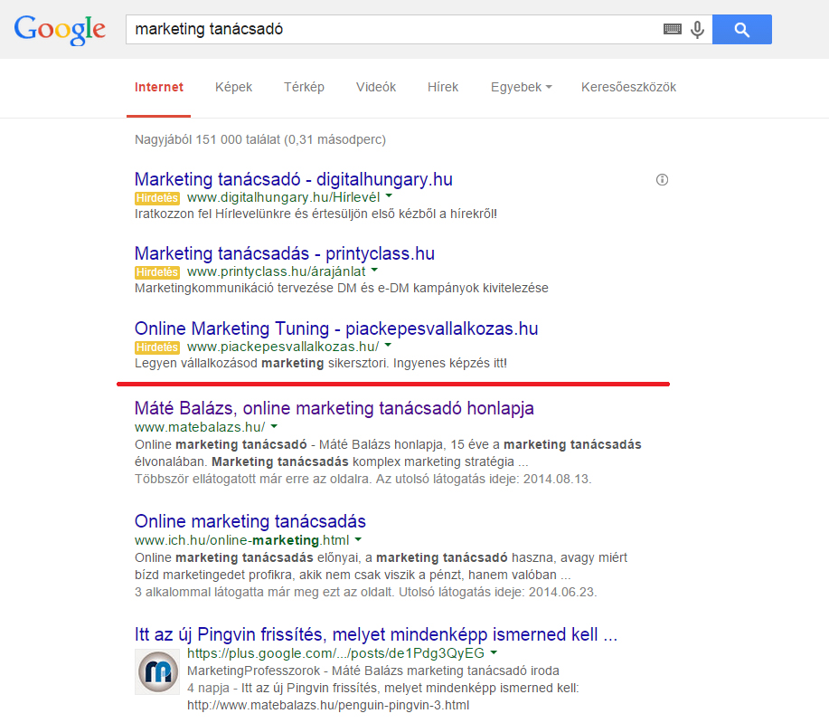 Göögle AdWords hirdetés megejelenése