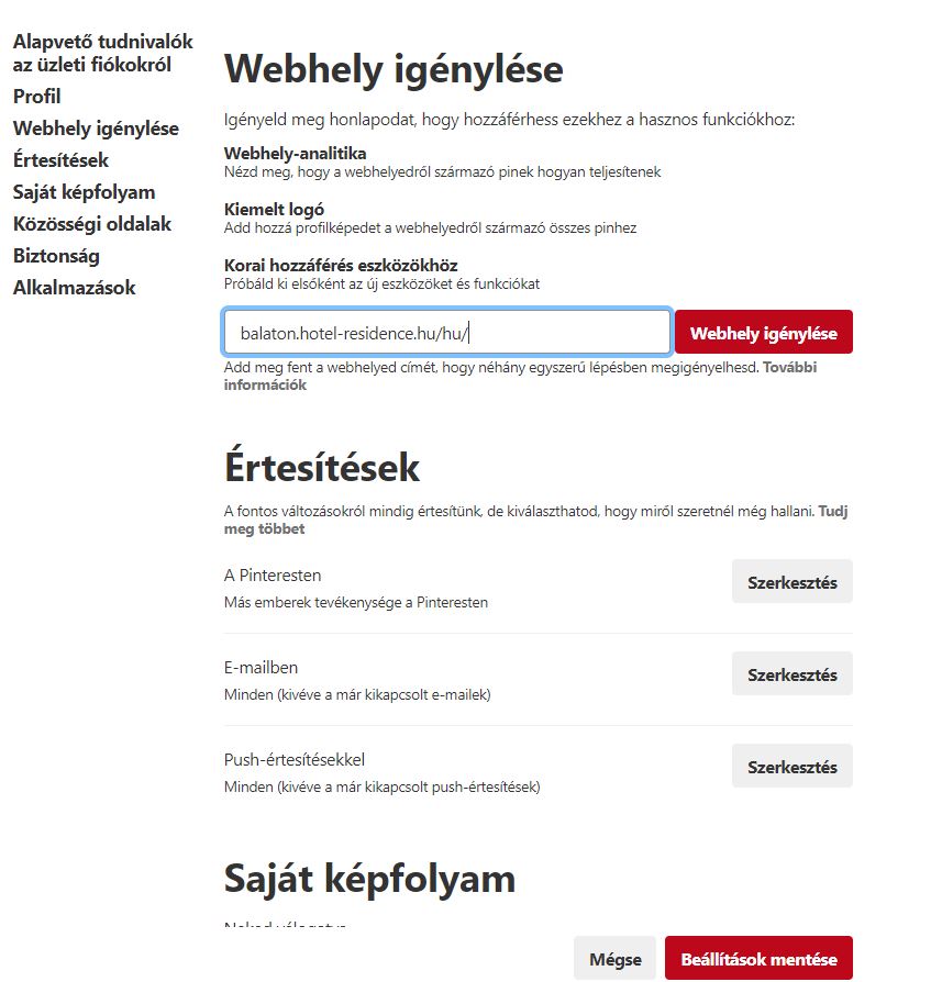 Pinterest üzleti fiók webhely megadása