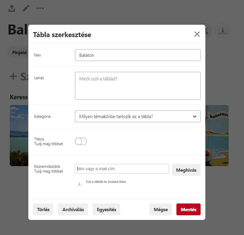 Pinterest tábla szerkesztés