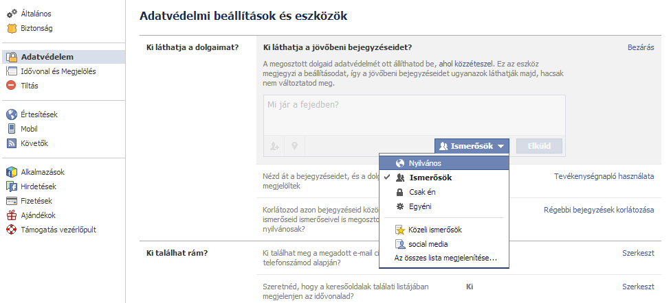 Facebook adatvédelmi beállítások 