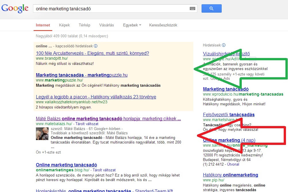 Google AdWords megjelenése a találati listában