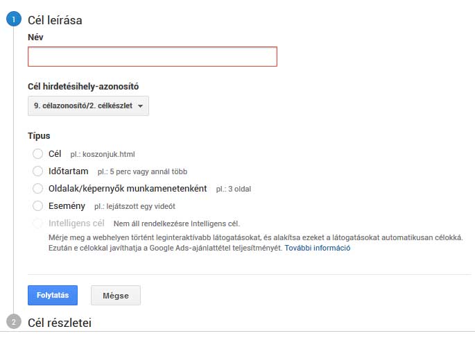 Célok beállítása a Googe Analyticsben