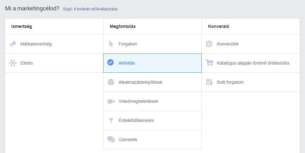 Az Instagram hirdetés céljának kiválasztása