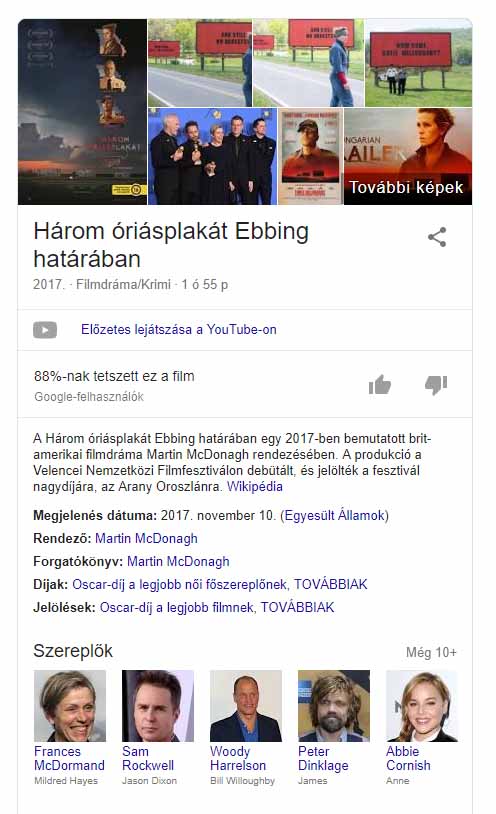 A Filmek bővített találatként a Google találati listájában