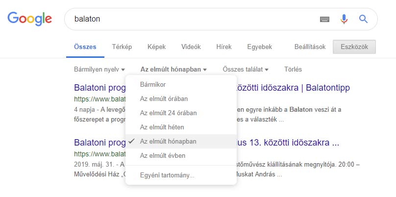 Hogyan keressek a Google-ben bizonyos időben megejelent tartalmakra?